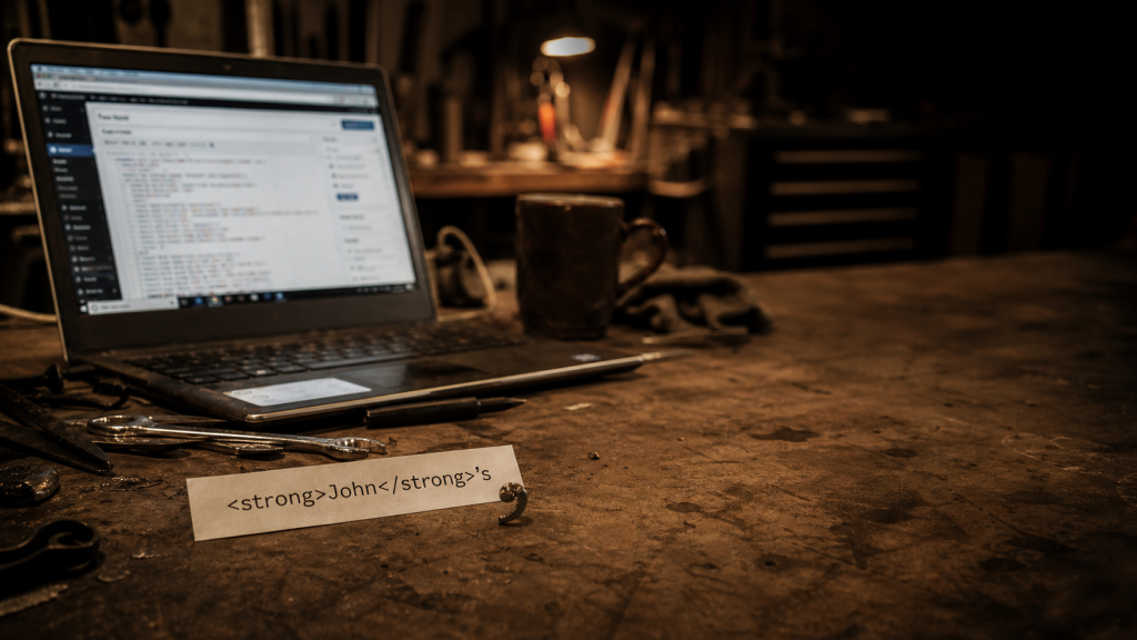 Garage workbench with HTML markup and a curled metal apostrophe-shaped shaving beside an out-of-focus laptop.