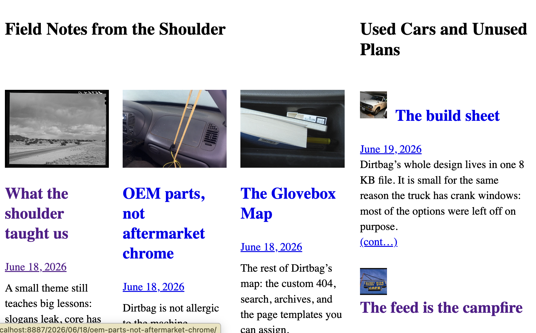 An earlier Dirtbag front page showing the two-column layout with the Used Cars sidebar.