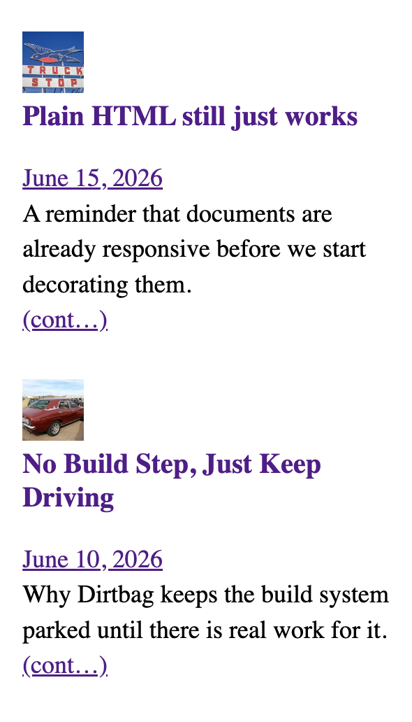 The float bug in the purple style: the headline 'No Build Step, Just Keep Driving' has dropped below its thumbnail instead of wrapping beside it.