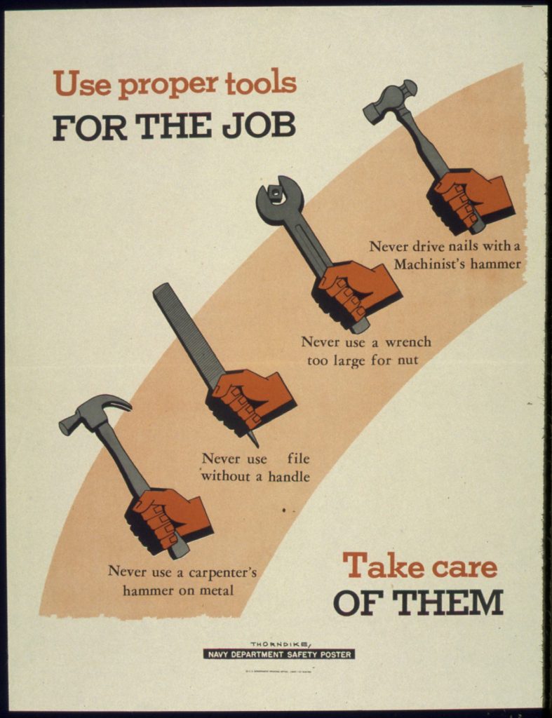 Vintage U.S. Navy Department safety poster reading "Use proper tools for the job — take care of them," with cartoon hands holding a hammer, wrench, and file and rules such as "Never use a wrench too large for nut."